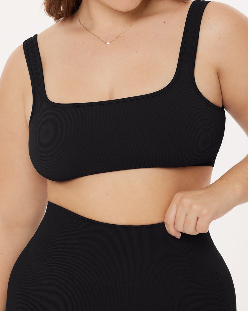 Ribbed Seamless Square Neck Padded Adjustable Sports Bra