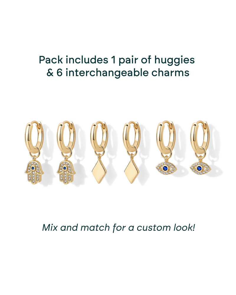 PAVOI - Mix and Match Huggie and Hamsa & Evil Eye Charm Set