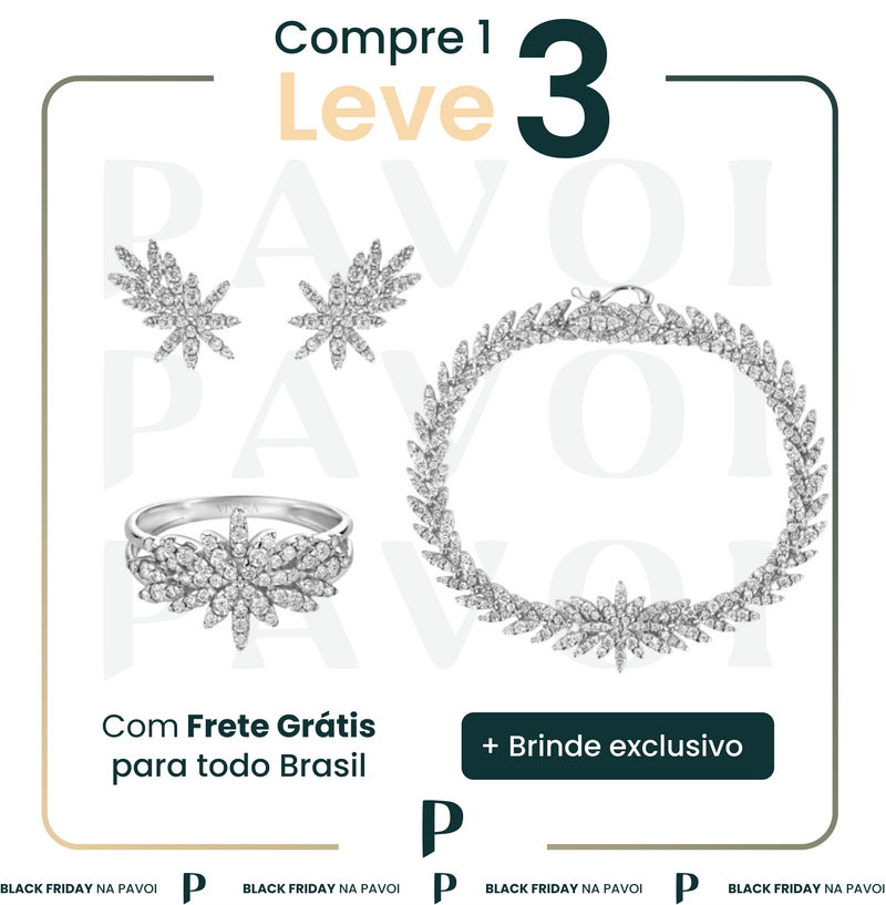 COMBO 3 - COMBO ANEL, BRINCO E CORRENTE GARGANTILHA PURE DIAMOND FLOWERS